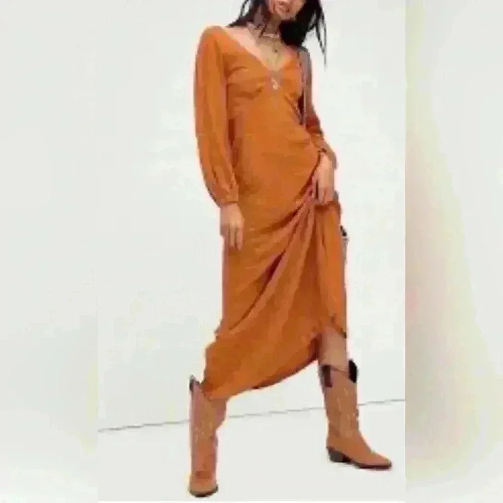 NEW FREE PEOPLE FP BEACH Sz LARGE AMALFI LONG SLEEVE V NECK MAXI DRESS - Picture 2 of 8